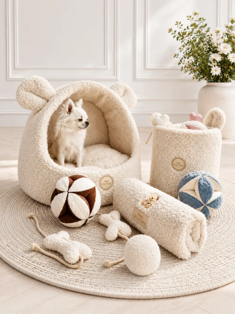 Kremowa budka z pieskiem, torba i zabawki Dog Couture