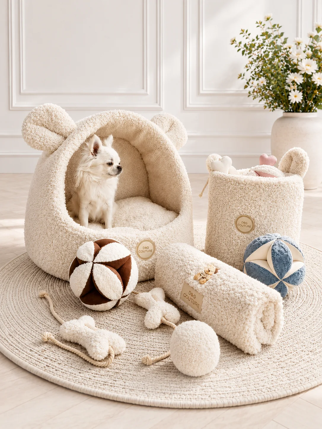 Kremowa budka z pieskiem, torba i zabawki Dog Couture